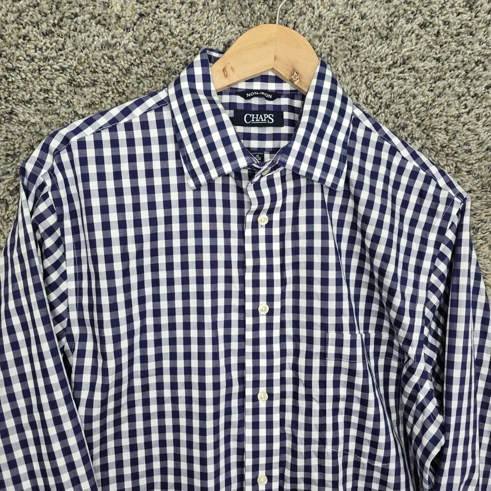Chaps Shirt Mens 16 34/3 Blue Button Up Gingham Check Non Iron Cotton Casual‎
